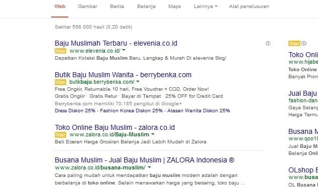 Pengertian Kata Kunci, Halaman pencarian Google