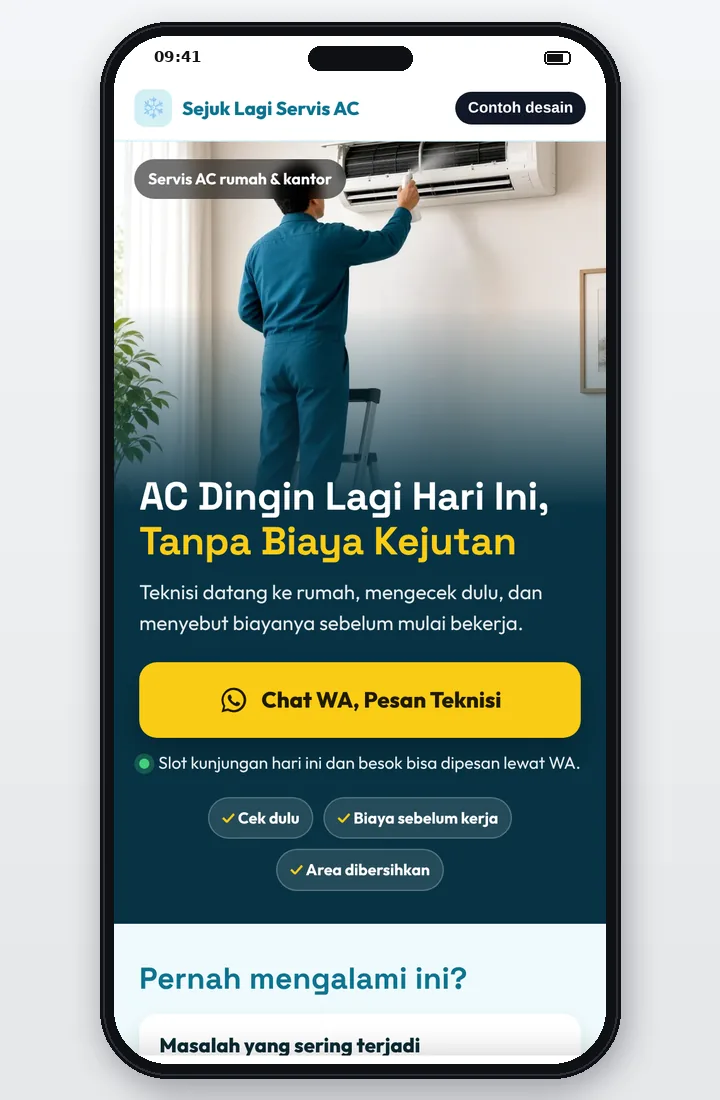 Contoh desain jasa landing page untuk jasa servis AC, tampilan HP dengan tombol WhatsApp