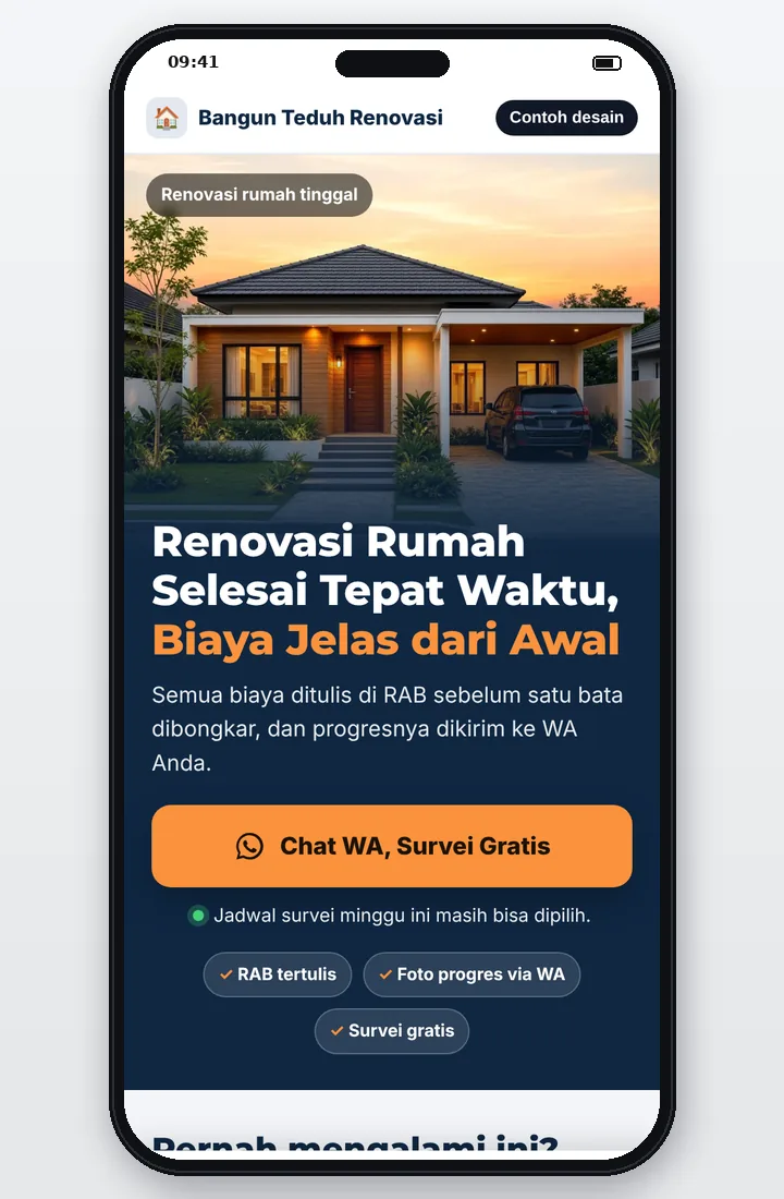 Contoh desain jasa pembuatan landing page untuk kontraktor renovasi rumah, tampilan HP dengan tombol WhatsApp