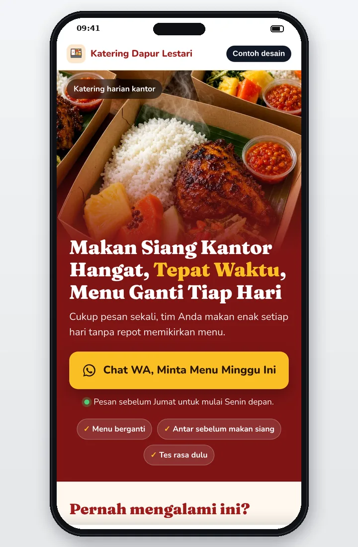 Contoh desain jasa pembuatan landing page untuk katering makan siang kantor, tampilan HP dengan tombol WhatsApp