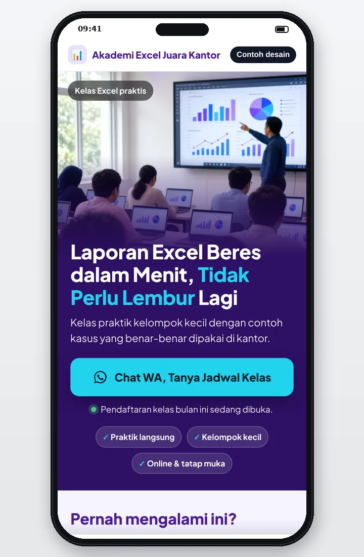 Contoh desain jasa landing page untuk kursus pelatihan Excel, tampilan HP dengan tombol WhatsApp