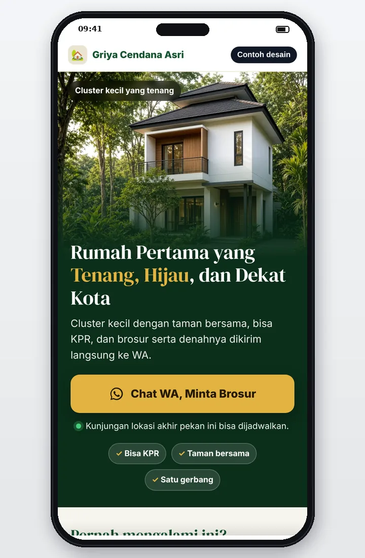 Contoh desain jasa landing page untuk perumahan rumah contoh, tampilan HP dengan tombol WhatsApp
